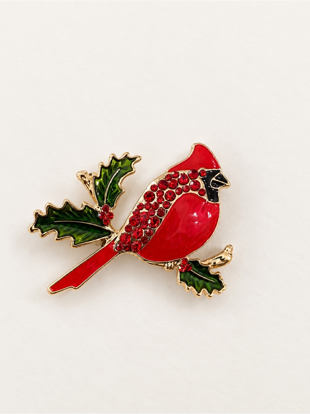 Christmas Cardinal Bird Brooch Red Rhinestone Holly Gold Tone Pin